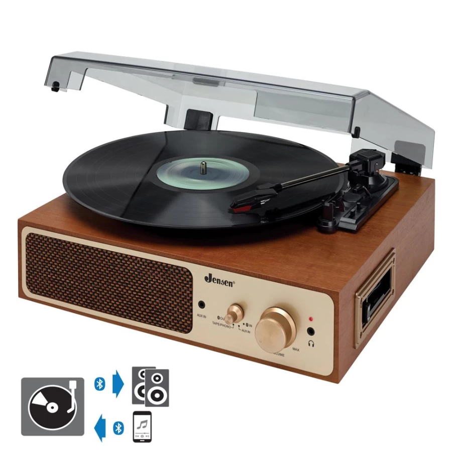 Jensen 3-Speed Bluetooth Turntable with Built-In Stereo Speakers | Wireless Record Player for Vinyl Playback & Streaming